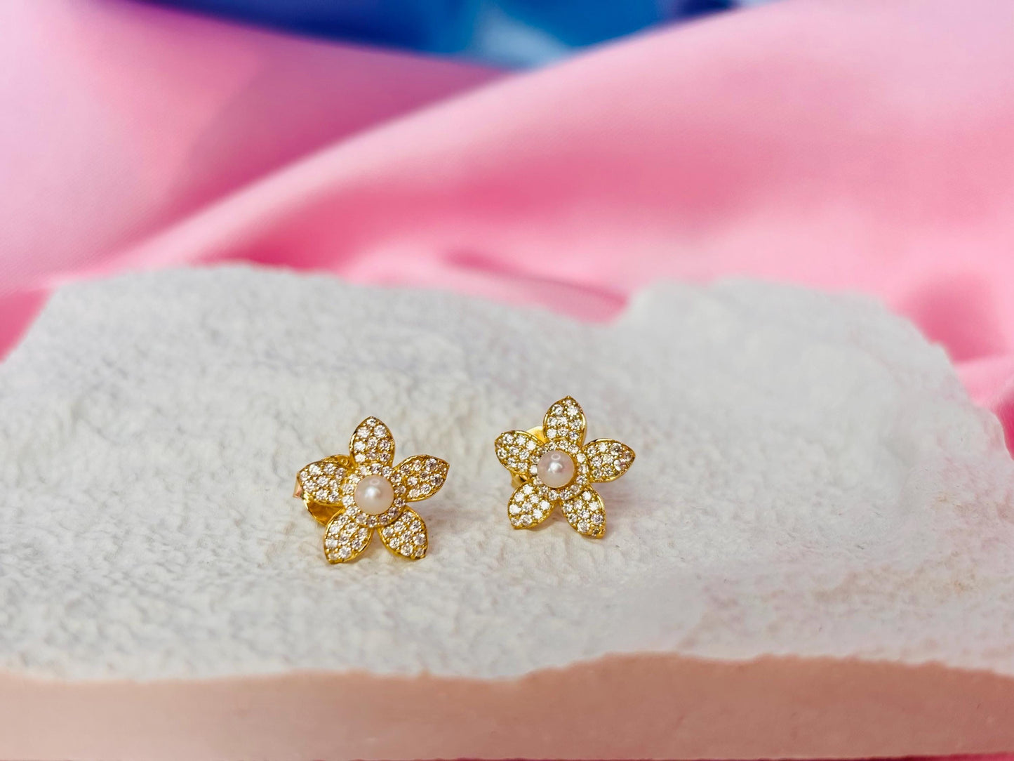 Luxury Moissanite Flower Jewelry Set, Pavé Pearl Necklace & Earrings in Gold Plated Silver