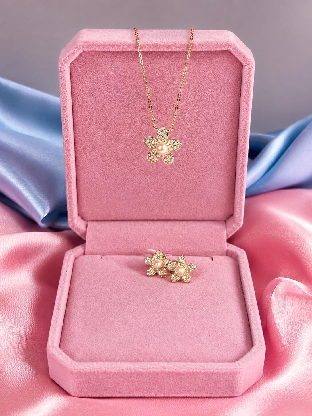 Luxury Moissanite Flower Jewelry Set, Pavé Pearl Necklace & Earrings in Gold Plated Silver