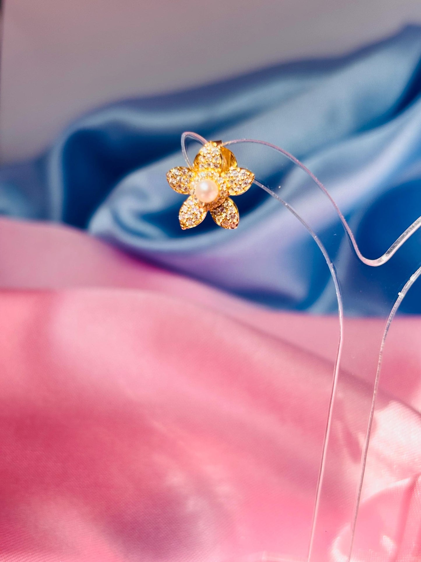 Delicate Pavé Moissanite Flower Stud Earrings, Freshwater Pearl Earrings, Gold Plated Sterling Silver