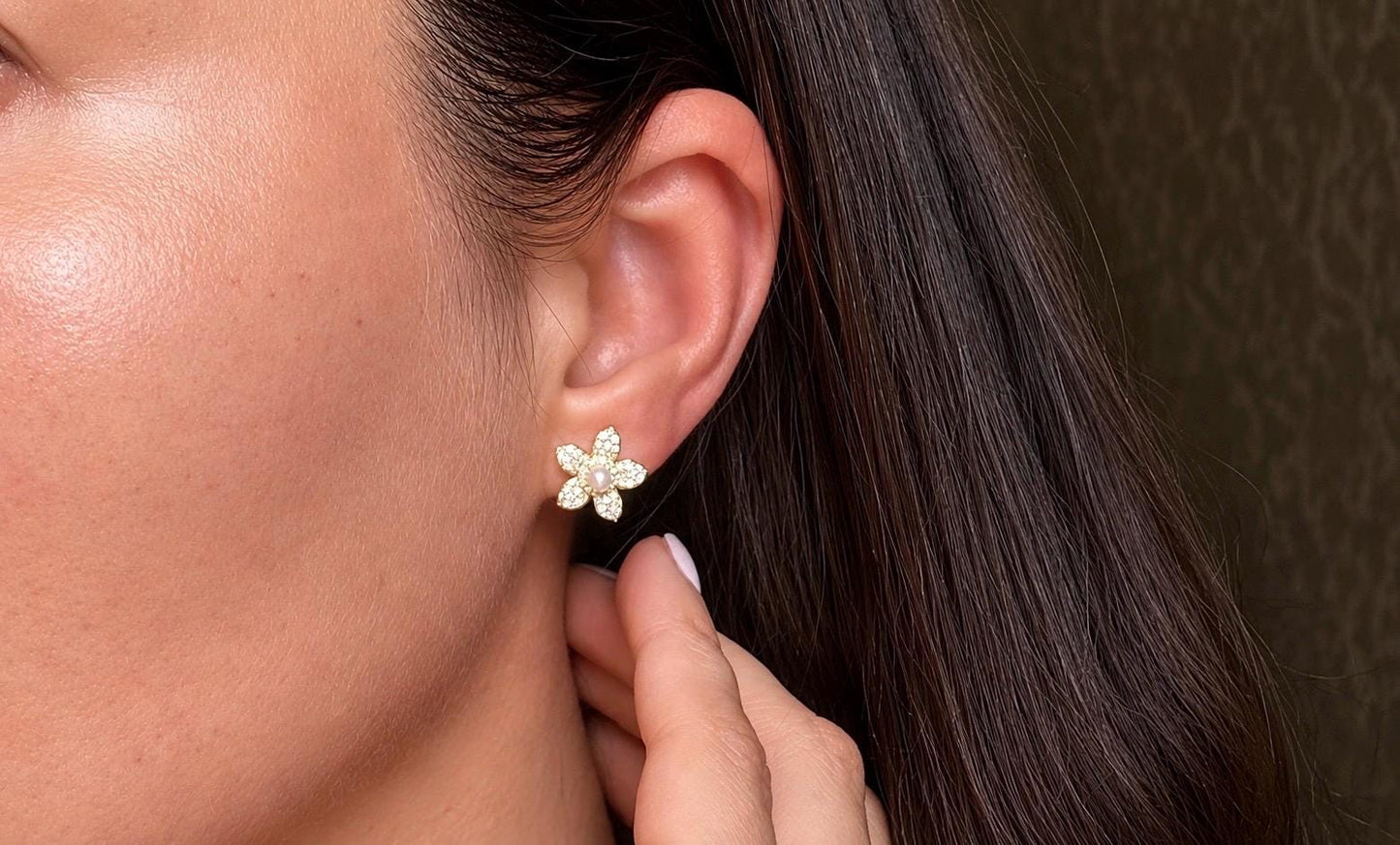 Delicate Pavé Moissanite Flower Stud Earrings, Freshwater Pearl Earrings, Gold Plated Sterling Silver