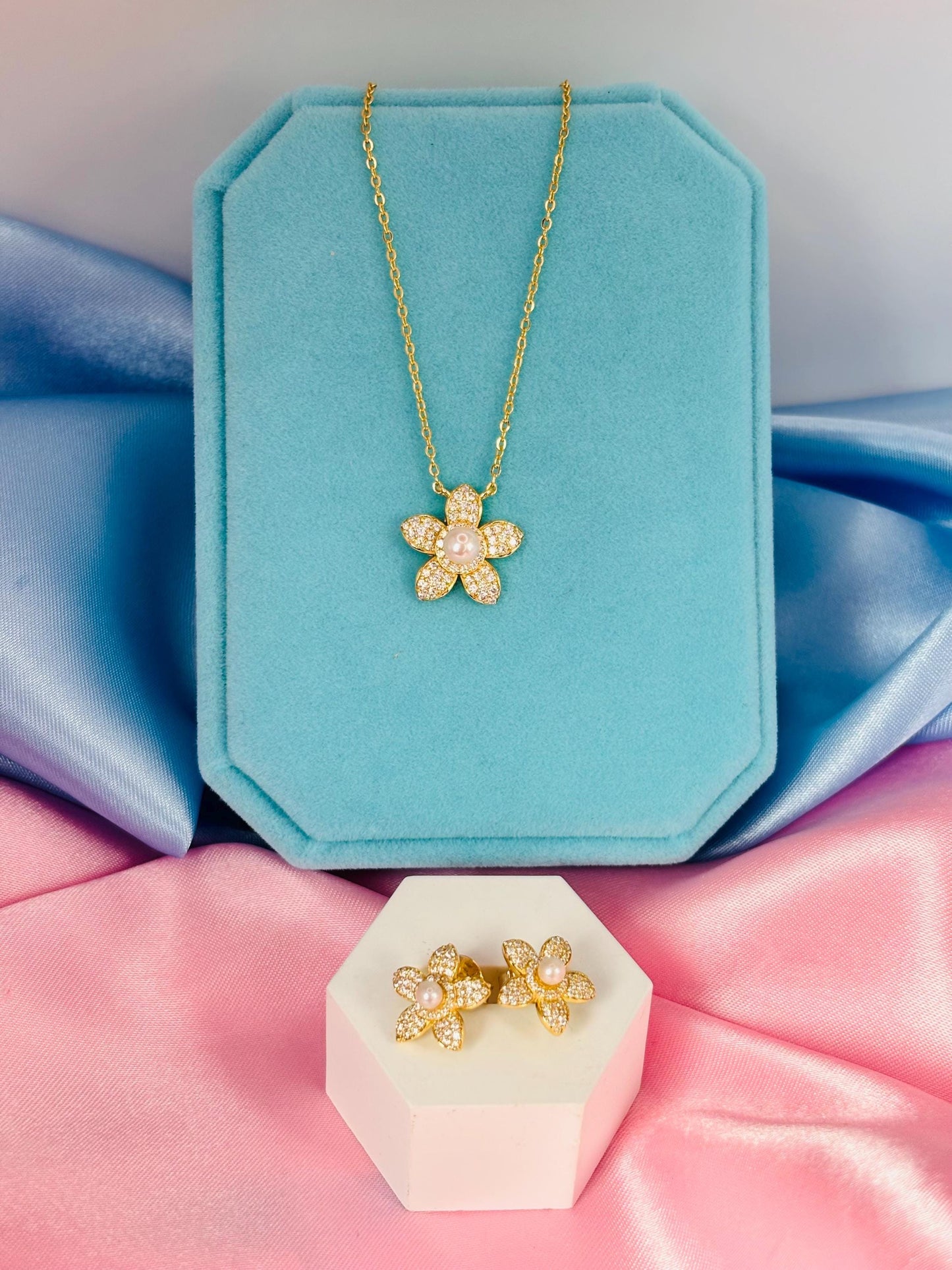 Luxury Moissanite Flower Jewelry Set, Pavé Pearl Necklace & Earrings in Gold Plated Silver