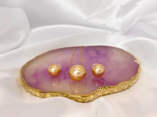 Certified 18K Solid Gold South Sea Pearl Jewellery Set – Golden Pearl Necklace & Stud Earrings