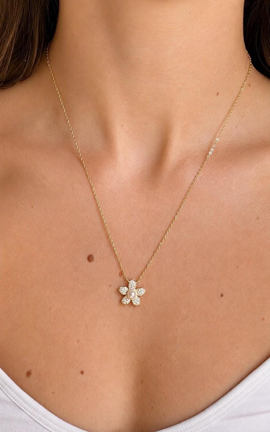 Pavé Moissanite Flower Necklace, Freshwater Pearl Pendant, Gold Plated Sterling Silver