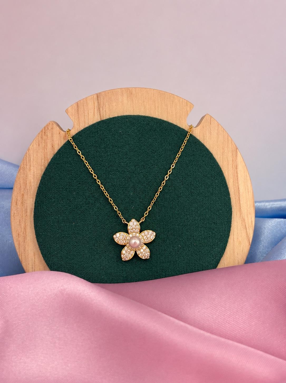 Pavé Moissanite Flower Necklace, Freshwater Pearl Pendant, Gold Plated Sterling Silver