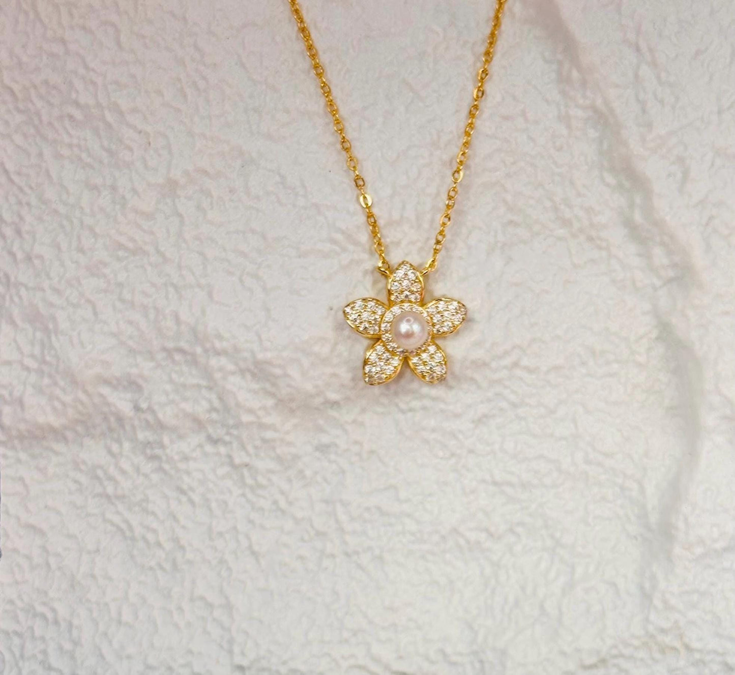 Pavé Moissanite Flower Necklace, Freshwater Pearl Pendant, Gold Plated Sterling Silver