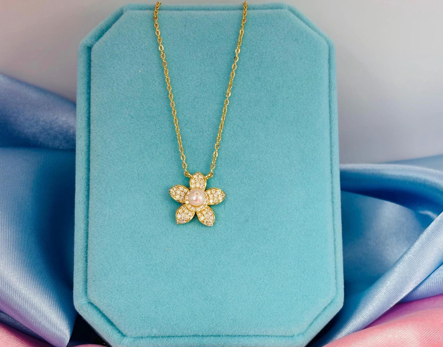 Pavé Moissanite Flower Necklace, Freshwater Pearl Pendant, Gold Plated Sterling Silver