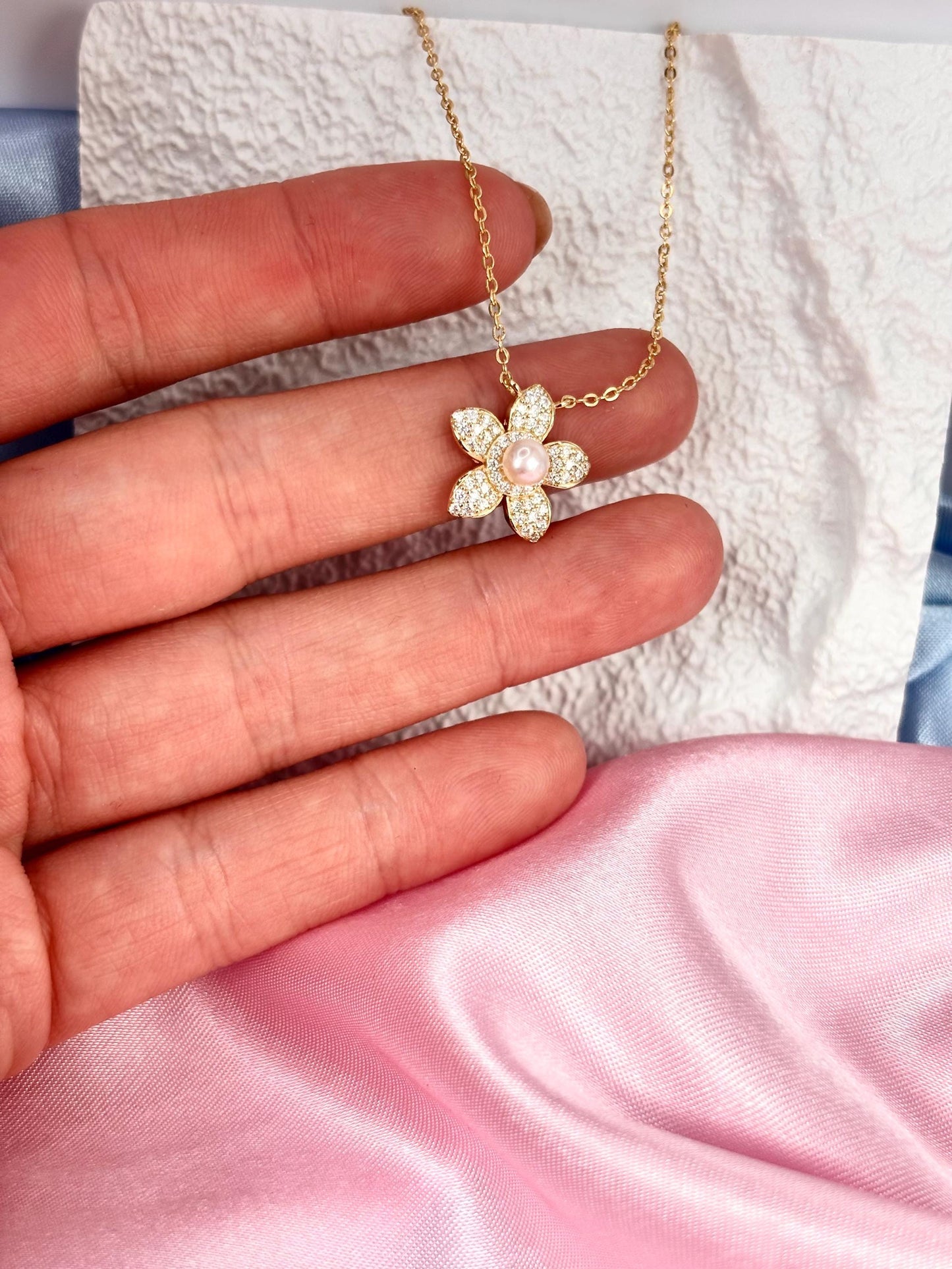 Pavé Moissanite Flower Necklace, Freshwater Pearl Pendant, Gold Plated Sterling Silver