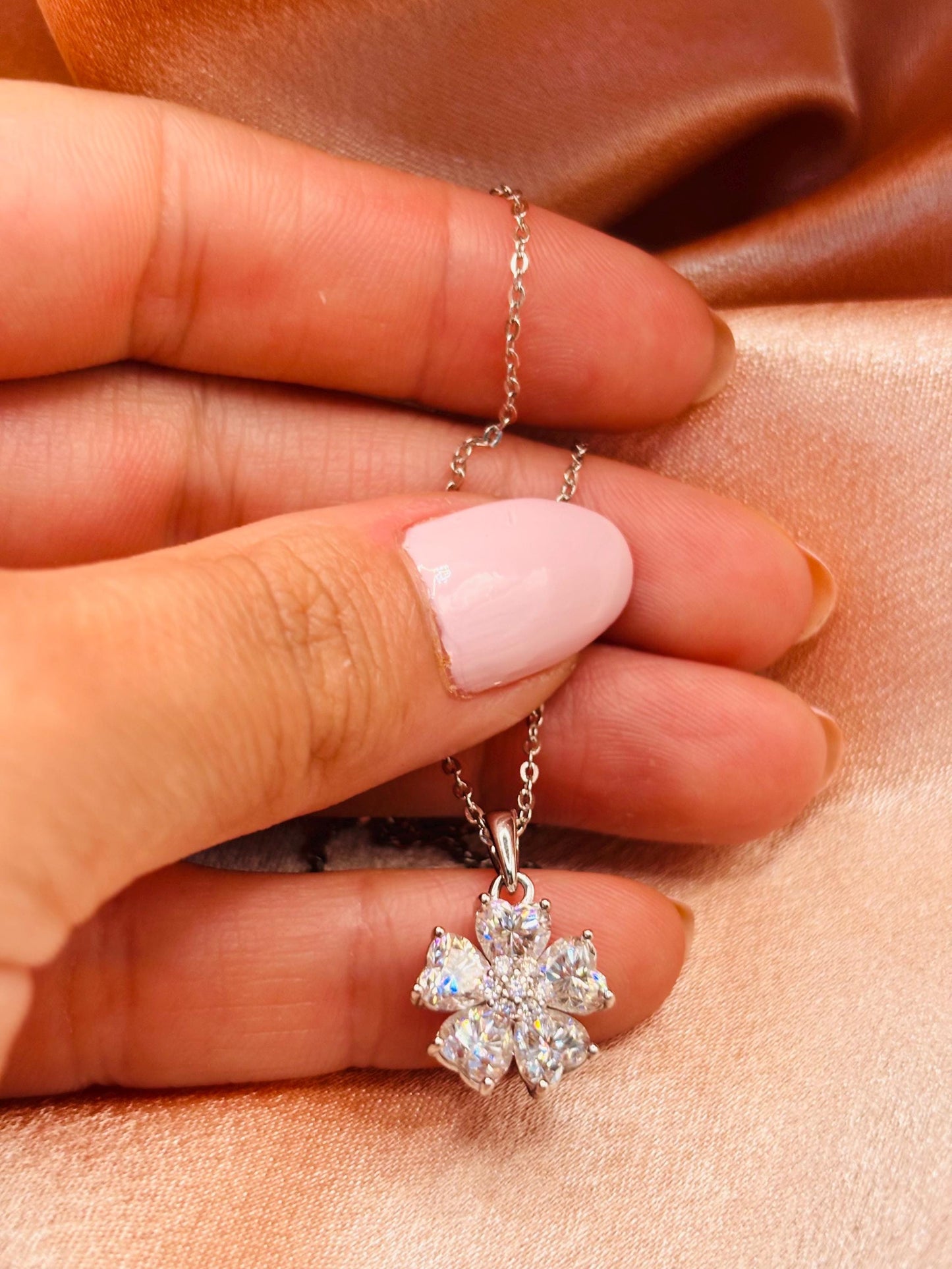 Moissanite Flower Pendant Necklace, 2 Carat Sterling Silver, Floral Jewellery, Sparkly Necklace