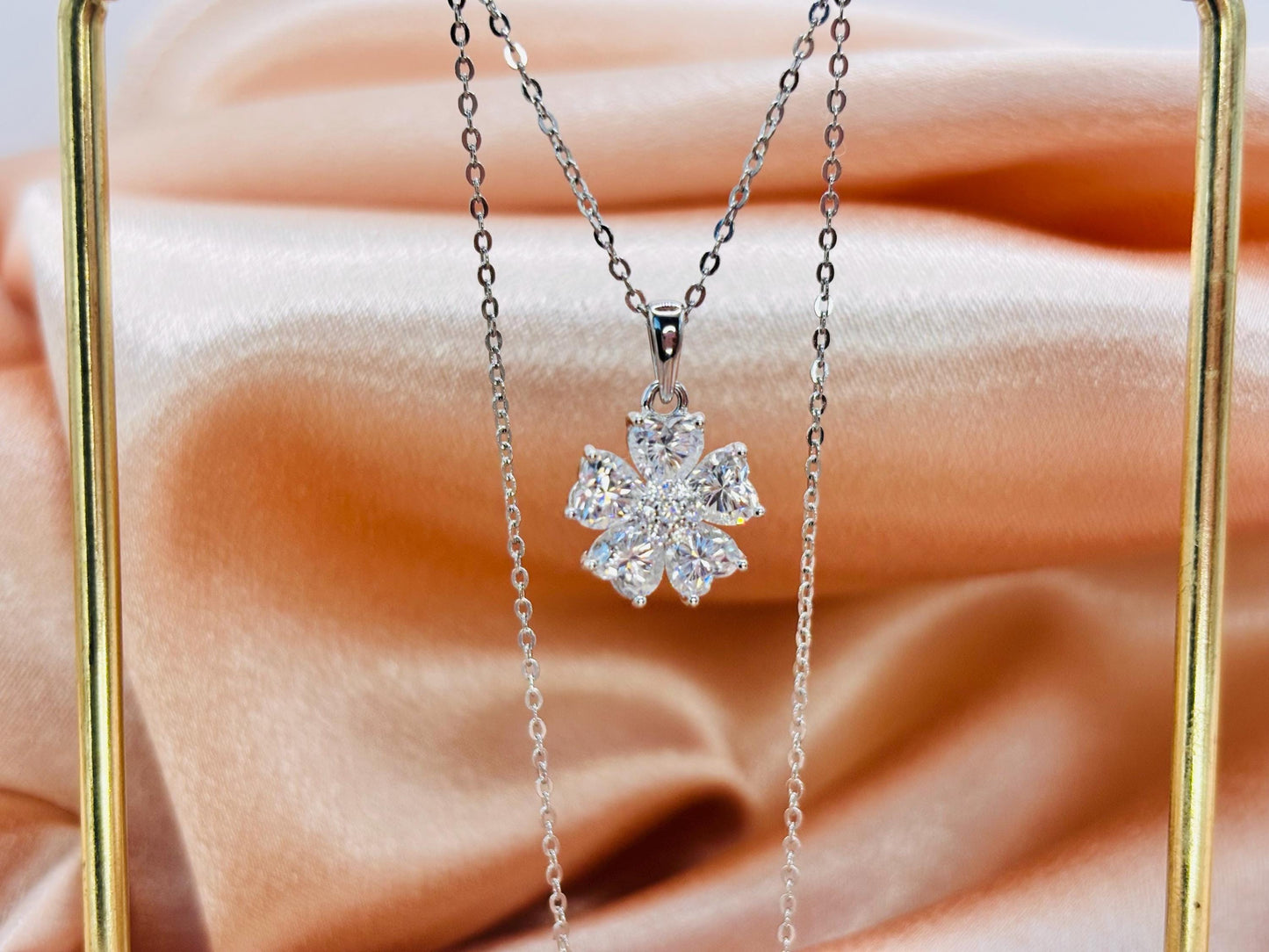 Moissanite Flower Pendant Necklace, 2 Carat Sterling Silver, Floral Jewellery, Sparkly Necklace