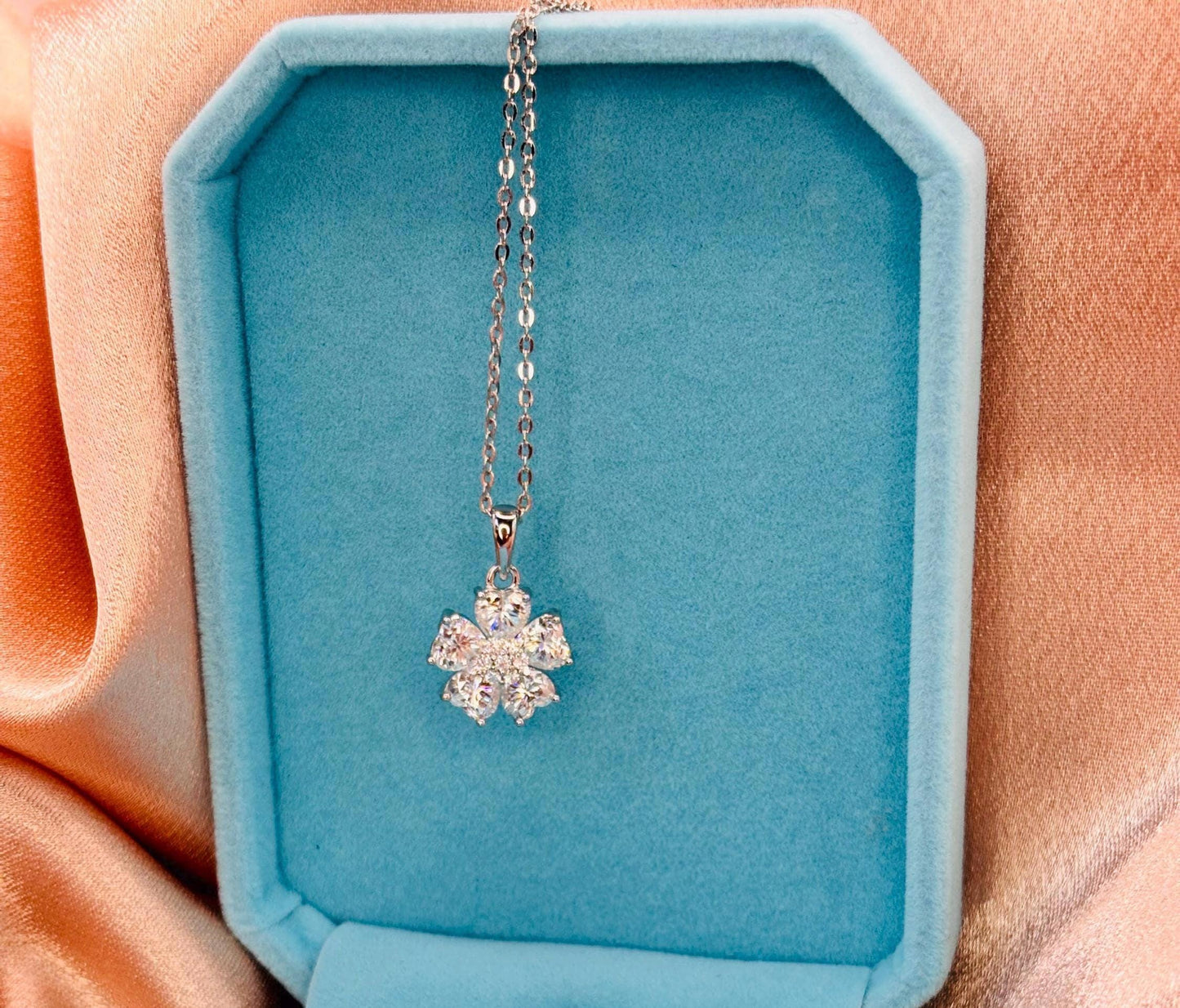 Moissanite Flower Pendant Necklace, 2 Carat Sterling Silver, Floral Jewellery, Sparkly Necklace