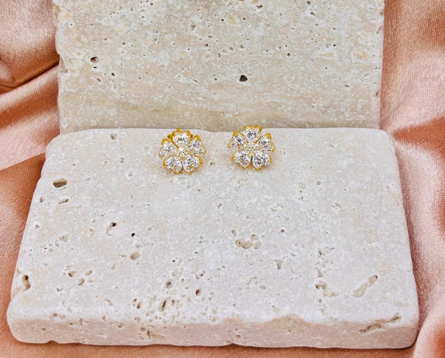 18K Gold Plated Sterling Silver Moissanite Flower Stud Earrings, Sparkling Floral Earrings