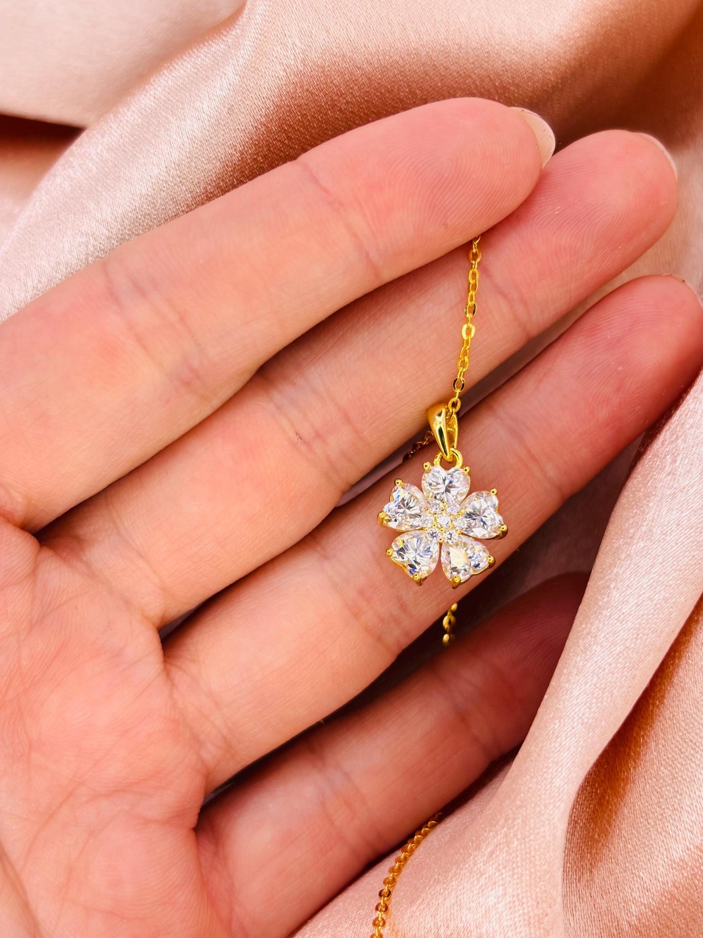 18K Gold Plated Moissanite Flower Necklace, Sterling Silver Floral Pendant, Sparkling Gift for Her