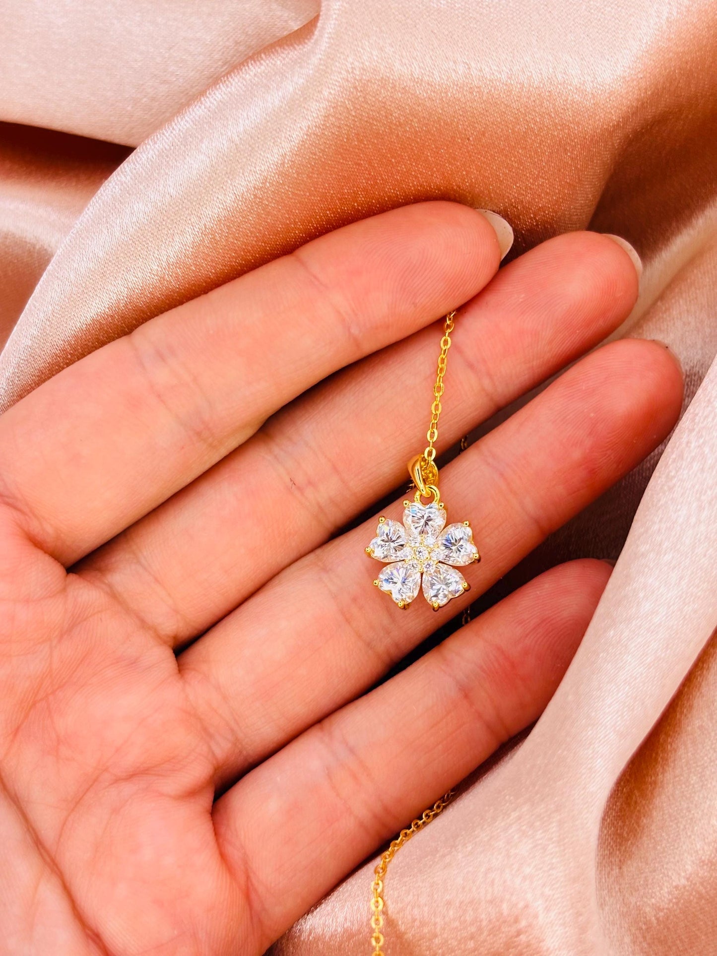 18K Gold Plated Moissanite Flower Necklace, Sterling Silver Floral Pendant, Sparkling Gift for Her