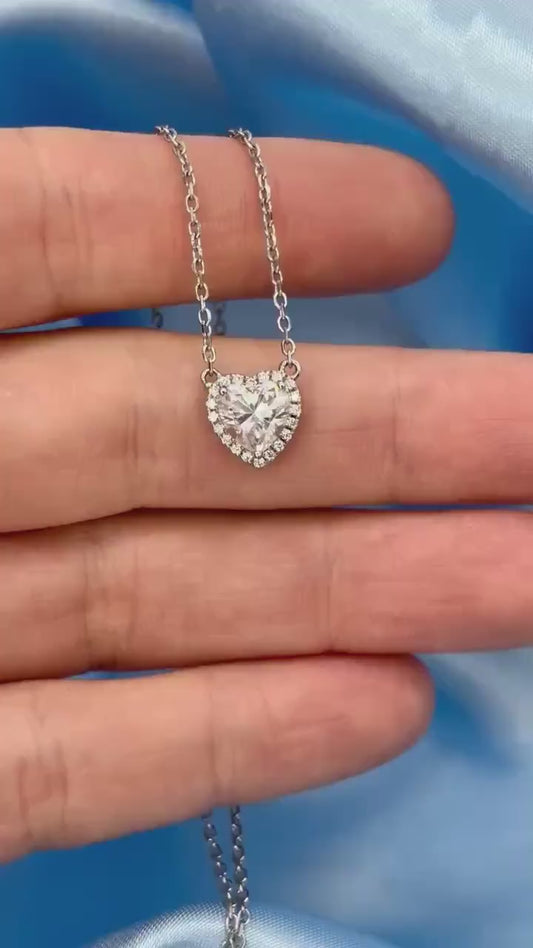 1CT Heart Moissanite Necklace | 18K White Gold-Plated Halo Pendant