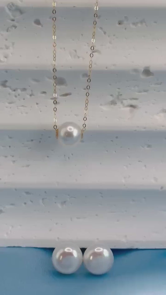 18K Solid Gold Freshwater Pearl Jewellery Set – 8mm Necklace & 9mm Stud Earrings