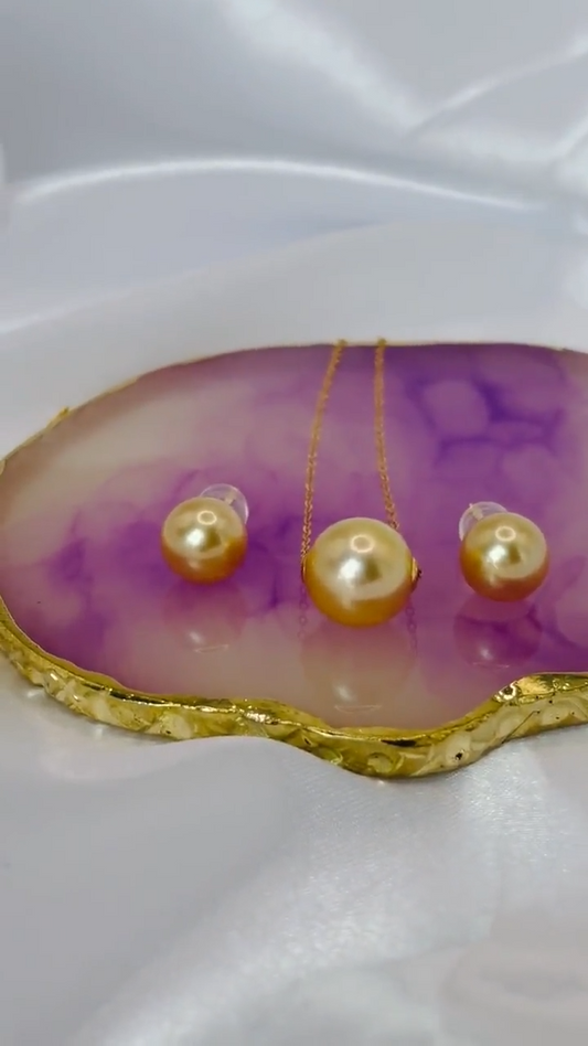 Certified 18K Solid Gold Golden South Sea Pearl Set, 10.8mm Necklace, 9mm Earrings